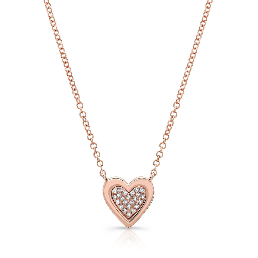 14K Gold Pave Heart Solid Edge Necklace