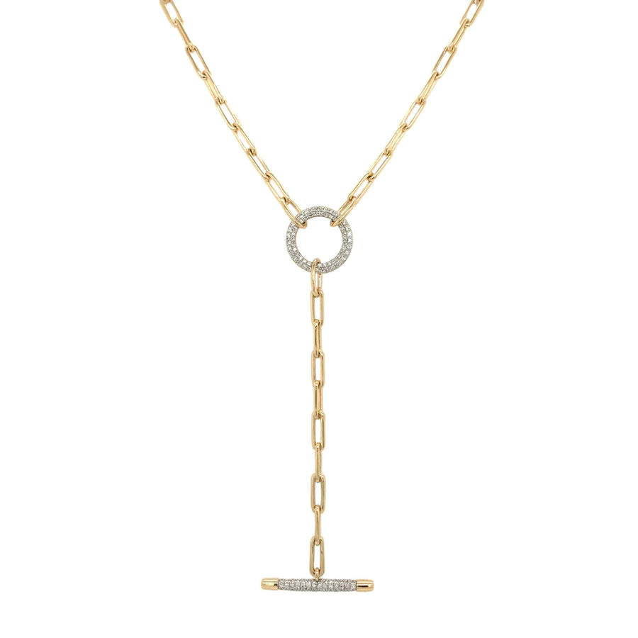 14K Gold and diamond paper clip toggle lariat necklace