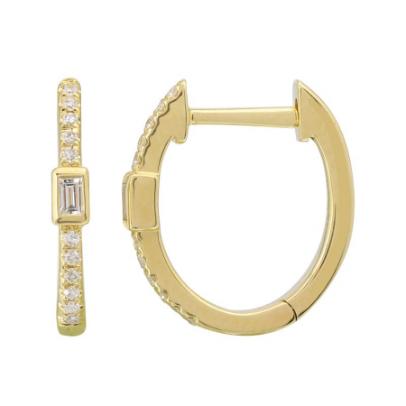 14k Gold With Emerald Cut And Round Diamond Hoops