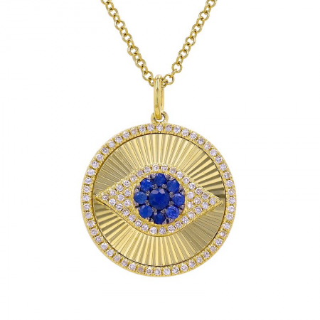 14K Gold Fluted Evil Eye Disc Sapphire Necklace