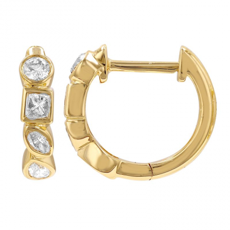 14k Yellow Gold Multi Shaped Diamond Huggie Earrings / Bezel Set