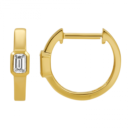 14k Yellow Gold Bezel Emerald Cut Diamond Huggie Earrings