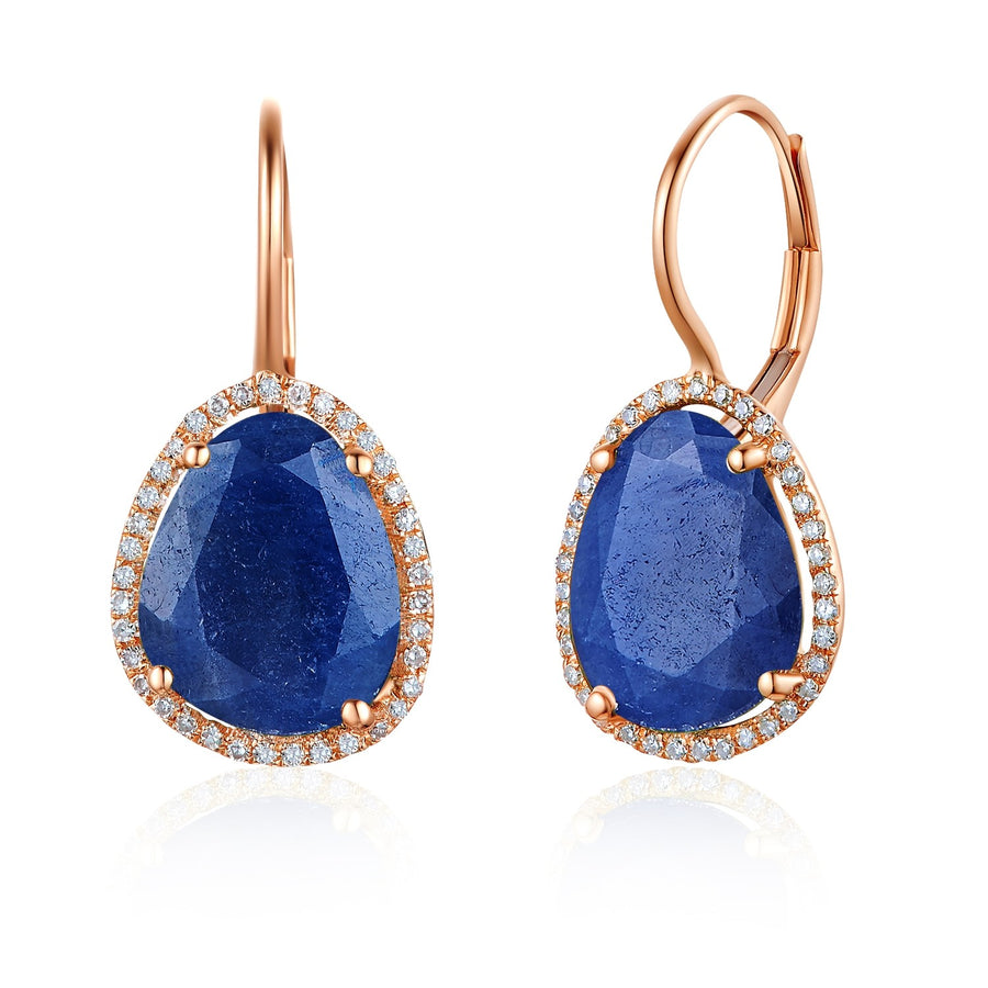 14K Gold Organic Blue Sapphire Diamond Eurowire Earrings