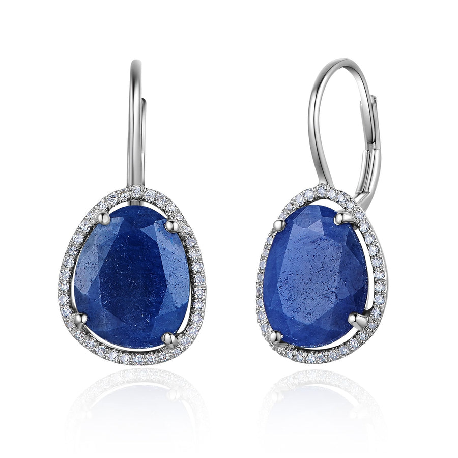 14K Gold Organic Blue Sapphire Diamond Eurowire Earrings