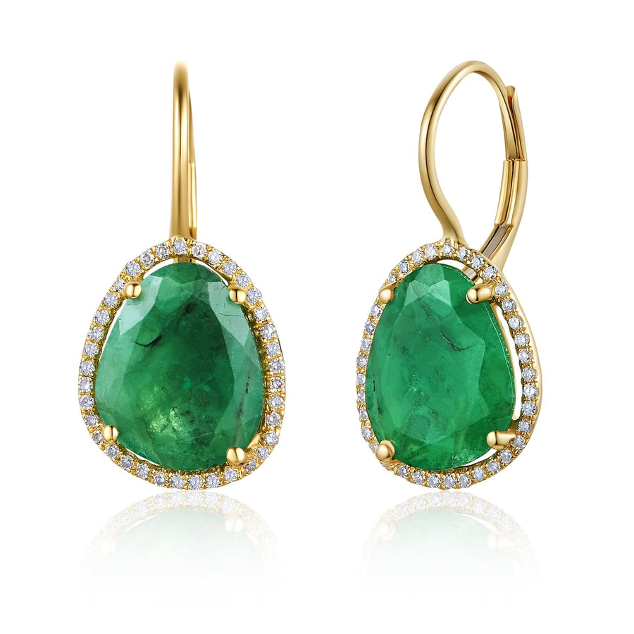 14K Organic Emerald Diamond Eurowire Earrings