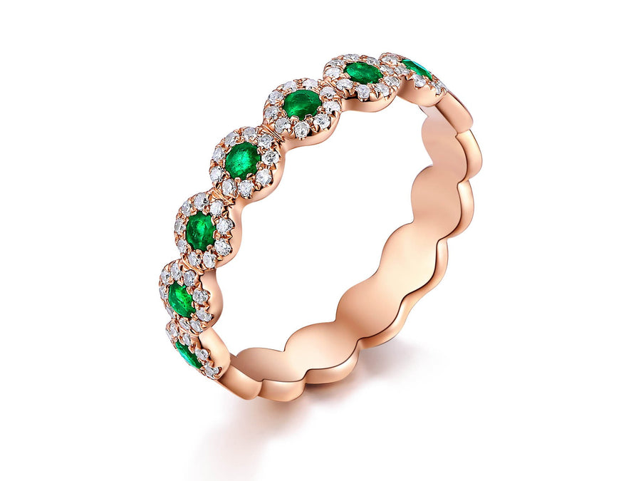 14K Emerald And Diamond Halo Circle Ring