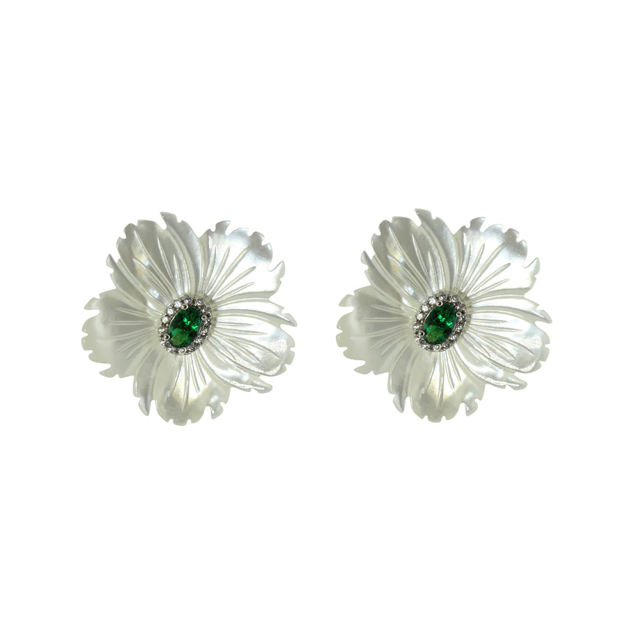 Mother of pearl flower earrings with green stones