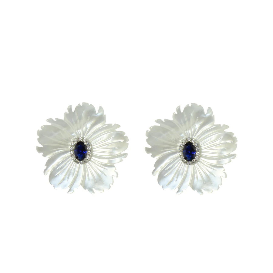 Mother of pearl flower earrings with blue stones