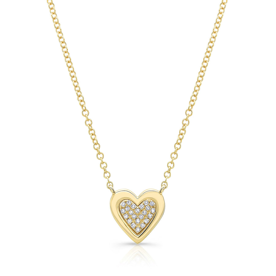 14K Gold Pave Heart Solid Edge Necklace