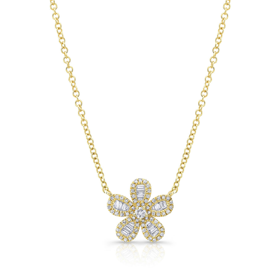 14K Gold Baguette Flower Necklace